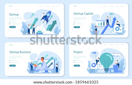 Startup web banner or landing page set. New business launching. Idea of project planning, promotion, management and marketing. Business development. Flat vector illustration