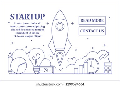 Startup web banner line art style. Business development and creative idea concept. Launch new project. Rocket flying up as metaphor of new idea.