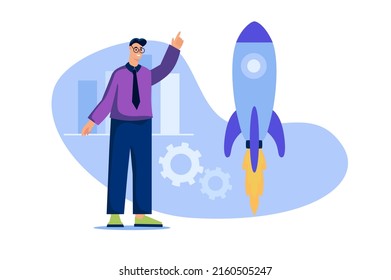 Startup web concept in flat design. Businessman launches rocket and starts new business. Man creates new idea, analyzes data, plans, invests money and develops successful company. Vector illustration