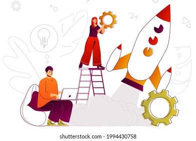 Startup web concept. Team develops new business, strategy for success and growth. People scene with flat line characters design for website. Vector illustration for social media promotional materials
