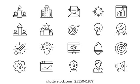 Iconos web de inicio en estilo de línea. Negocio, creativo, idea, marketing, objetivo, desarrollo relacionado con el conjunto de iconos Ilustración vectorial plana