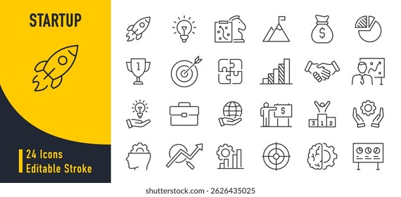 Ícones da Web de inicialização no estilo de linha. Negócios, Criativo, ideia, marketing, alvo, desenvolvimento, coleção. Ilustração vetorial.	
