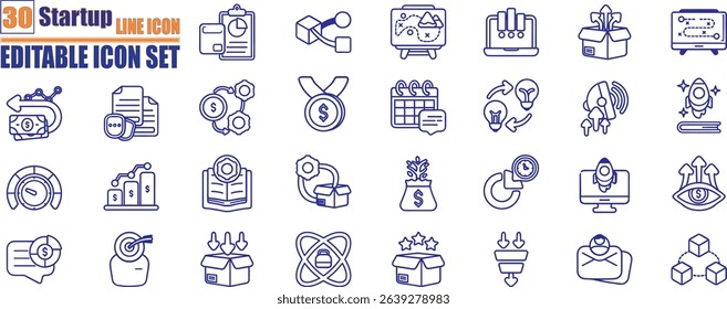 Startup web icons in line style. Modern line art startup icons covering innovation, launch, pitch, funding, growth, and success. 