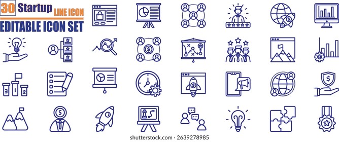 Startup web icons in line style. Modern line art startup icons covering innovation, launch, pitch, funding, growth, and success. 
