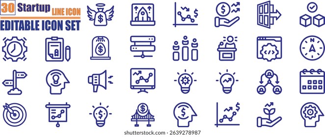 Startup web icons in line style. Modern line art startup icons covering innovation, launch, pitch, funding, growth, and success. 