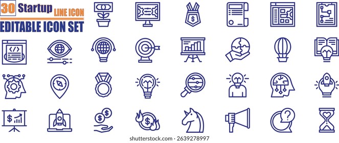 Startup web icons in line style. Modern line art startup icons covering innovation, launch, pitch, funding, growth, and success. 