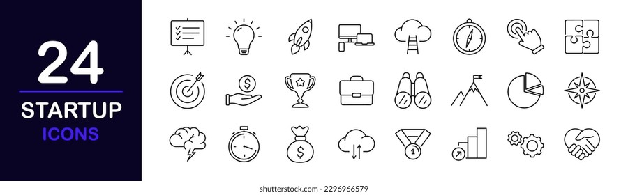 Startup web icons set. Startup - simple thin line icons collection. Containing strategy, business innovation report, development plan, startup space rocket and more. Simple web icons set