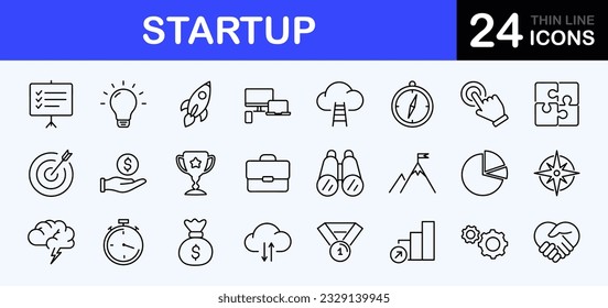 Startup web icons set. Startup - simple thin line icons collection. Containing strategy, business innovation report, development plan, startup space rocket and more. Simple web icons set