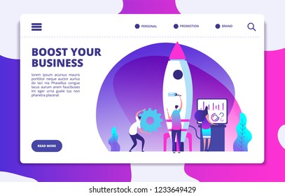 Startup Website Landing Page. People Launching Rocket. Boost Business Easy. Customized Vector Concept