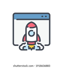 Startup and Website launch color line icon. Web page with rocket vector outline colorful sign.