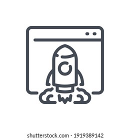 Startup and Website launch line icon. Web page with rocket vector outline sign.