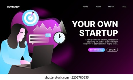 Startup Website Mockup. Landing Page Editable Banner. Vector Illustration