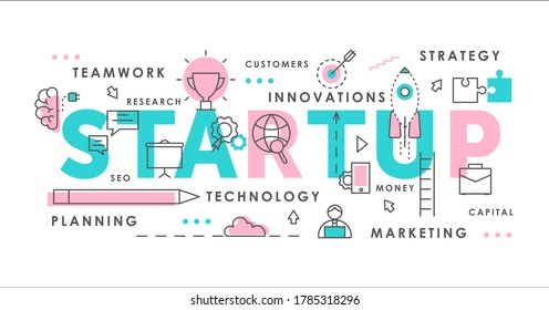 Startup word abstract thin line vector illustration. Flat infographic innovation concept background with launch rocket, business new idea creative innovative symbols