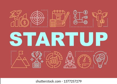 Startup word concepts banner. Start project. Successful business investing. Company strategy. Presentation, website. Isolated lettering typography idea with linear icons. Vector outline illustration