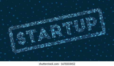 Startup word in digital style. Glowing geometric startup badge. Cool vector illustration.