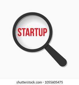 Startup Word Magnifying Glass. Vector illustration