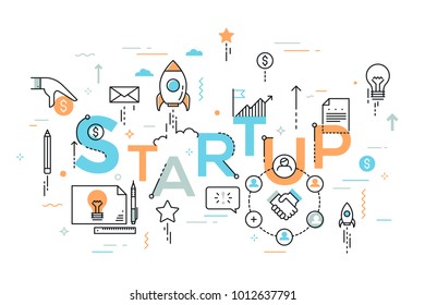 Startup word surrounded by space rockets, pencils, light bulbs, dollar coins flying up. Creative infographic banner with elements in thin line style. Vector illustration for advertisement, website.