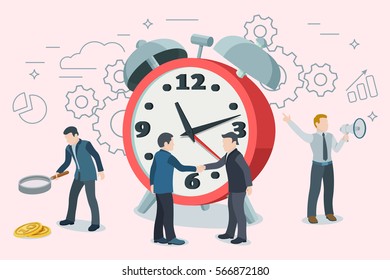 Startup work moments. Man with a magnifier, two people shake hands, a man with a loudspeaker. Time management and optimization of business processes. Alarm clock in a flat style. Vector illustration