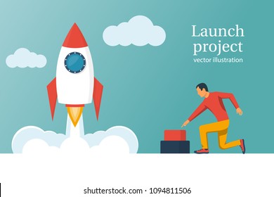 Startup working enterprise. Launch project. Business concept. Businessman hand pushing start button. Vector illustration cartoon flat design. Isolated on white background. Rocket of launch metaphor.