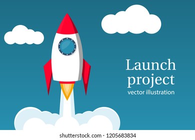 Startup working enterprise. Launch project. Business concept. Vector illustration cartoon flat design. Isolated on white background. Rocket of launch metaphor.