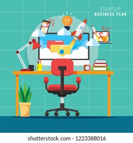 Startup workplace, Business concept with rocket, Rocket launch 