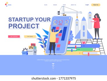 Startup your project flat landing page template. New startup founding, business idea generation and development situation. Web page with people characters. Innovation solution vector illustration.