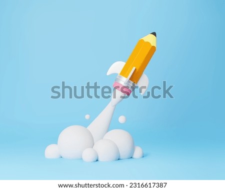 Startup,creative idea for business or school.Pencil rocket in 3d realistic vector illustration