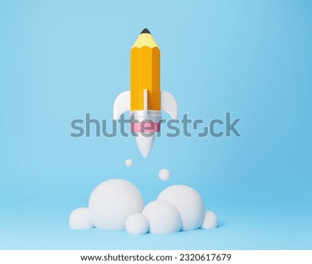 Startup,creative idea for business or school.Pencil rocket in 3d realistic vector illustration