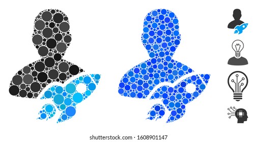 Startuper mosaic of small circles in various sizes and shades, based on startuper icon. Vector small circles are united into blue illustration. Dotted startuper icon in usual and blue versions.