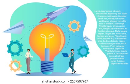 Startup.People launch a rocket against the background of an electric lamp.Startup development and new ideas.A business-style poster.Flat vector illustration.