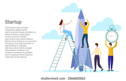 Startup.People starten eine Rakete, starten ein neues Projekt..Poster im Business-Stil.Vektorgrafik.