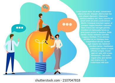 Startup.People on the background of an electric lamp.Business meeting and search for solutions.Brainstorming and new projects.Flat vector illustration.