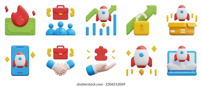 Startups 3d vector icon set. Burn, business, graph, growth, launch, mobile, partnership, puzzle, rocket, startup. Isolated on white background. 3d icon vector render illustration.
