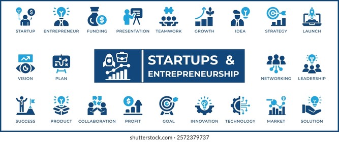 Startups and Entrepreneurship Icon Set. Features editable icons for business, leadership, and more. Perfect for startups, entrepreneurs, investors, and anyone interested in the startup ecosystem.