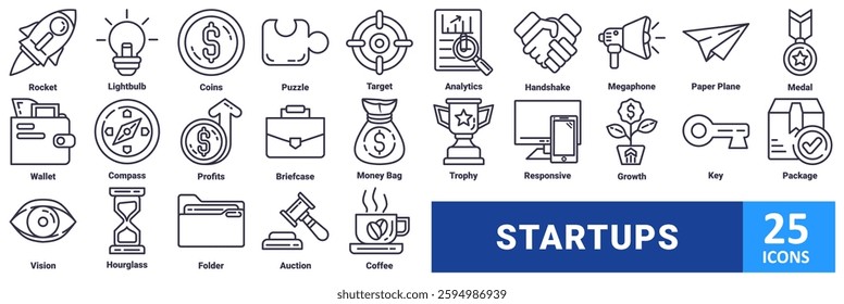 Startups icon set with icon Rocket, Lightbulb, Coins, Puzzle, Target, Analytics, Handshake, Megaphone, Paper Plane, Medal,Wallet, Compass, Profits, Briefcase, Money Bag, Trophy, Responsive,Growth