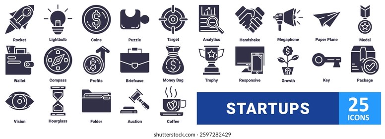 Startups icon set with icon Rocket, Lightbulb, Coins, Puzzle, Target, Analytics, Handshake, Megaphone, Paper Plane, Medal,Wallet, Compass, Profits, Briefcase, Money Bag, Trophy, Responsive,Growth