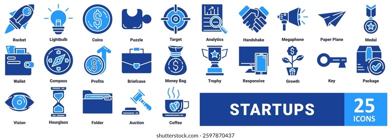 Startups icon set with icon Rocket, Lightbulb, Coins, Puzzle, Target, Analytics, Handshake, Megaphone, Paper Plane, Medal,Wallet, Compass, Profits, Briefcase, Money Bag, Trophy, Responsive,Growth