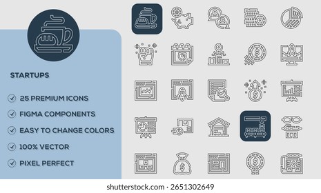 Startups Icons set. Vector illustration in modern thin line style of business related icons: teamwork, documents, devices, and more. Pictograms and infographics for mobile apps.