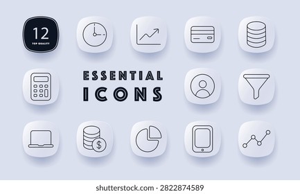 Startups set icon. Schedule planning, business growth, payment card, database storage, accounting calculator, user profile, data filtering, laptop workspace, capital accumulation