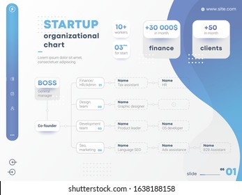 Starup Structure Of The Company. Business Hierarchy Startup Organogram Chart Infographics. Corporate Startup Organizational Structure Graphic Elements. 