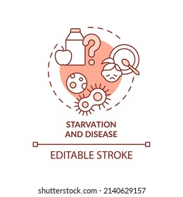 Starvation and disease terracotta concept icon. Armed conflicts outcome abstract idea thin line illustration. Isolated outline drawing. Editable stroke. Arial, Myriad Pro-Bold fonts used