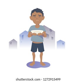 Starving Arab child. Starving Southeast Asian child. Flat vector illustration.