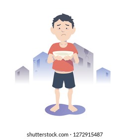 Starving Asian child. Flat vector illustration.