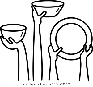 Starving Concept: Hands Holding Empty Plates. Icon In Outline Style