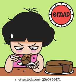 Starving Girl Eating Greedy While Trying One Meal A Day Concept Cartoon Character illustration