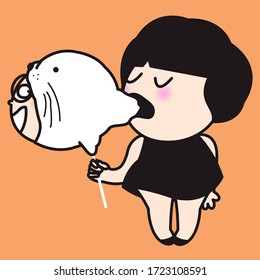 Starving Girl Enjoy Eating Cotton Candy In The Shape Of Her Lover Boy Seal Concept Card Character illustration