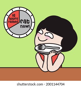 Starving Girl Looking At Clock And Waiting For Her Large Meal After Ending Of Intermittent Fasting Period Concept Card Character illustration