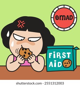Starving Girl Stress Eating While Trying One Meal A Day Concept Cartoon Character illustration