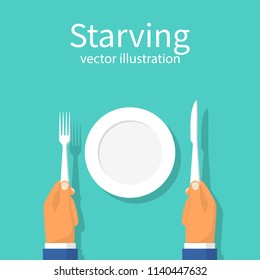 Starving. Refusal to eat. Famine. Vector illustration flat design. Isolated on background. An empty plate in front of a man. Cutlery in hands.