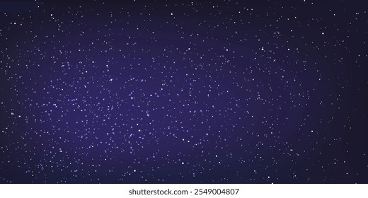 Stary night sky horizontal background. Night sky with stars. Bright particles falling with star. Glittering particles on dark blue background. Light with flares